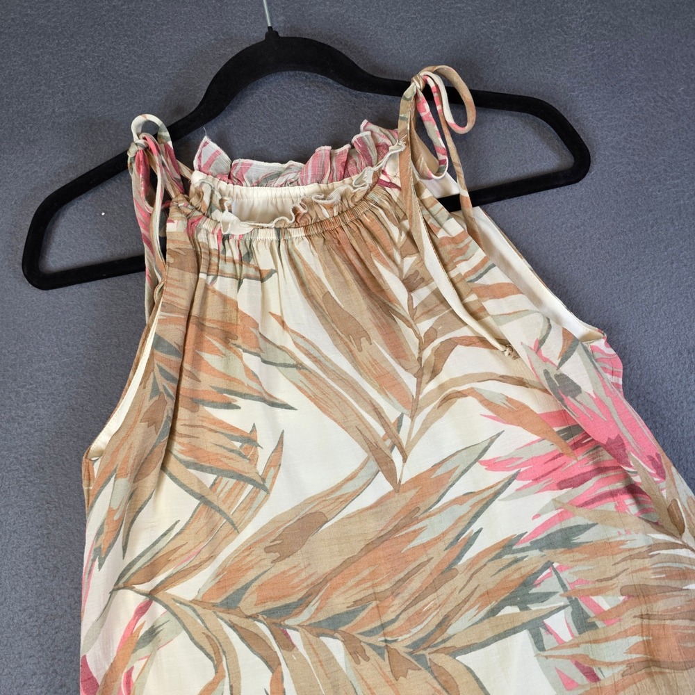 Robbie Bee Halter Dress Women Medium Beige Tropical Palm Leaf Ruffle Hem